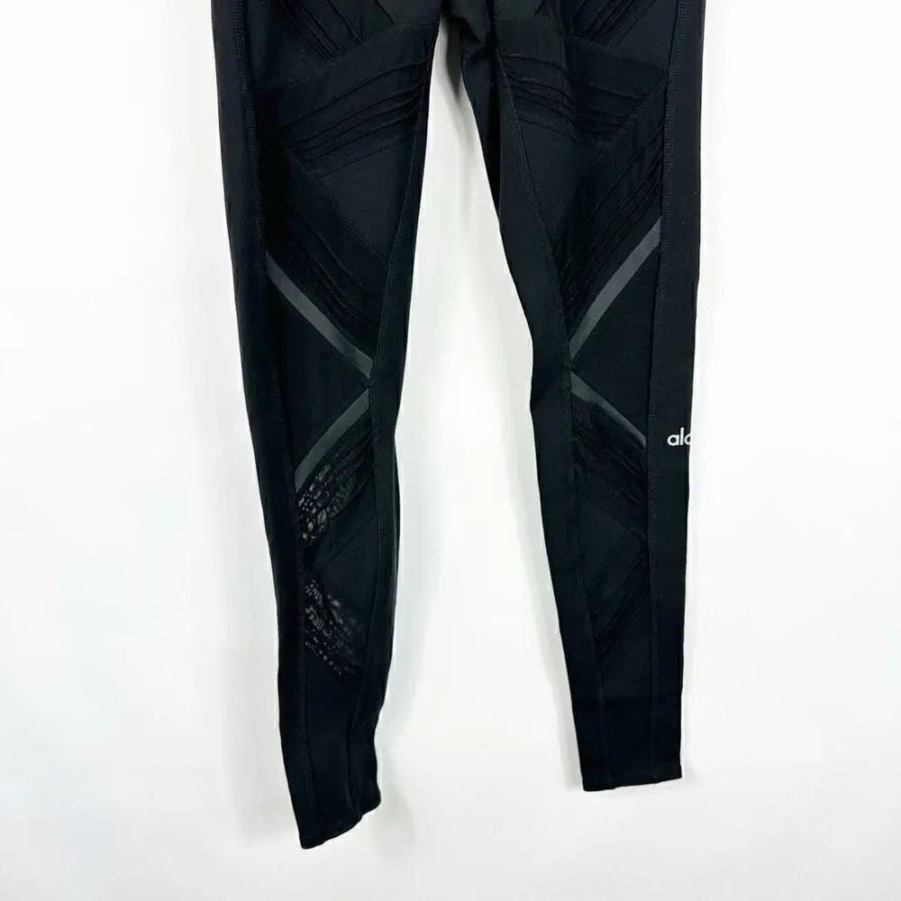 Alo Black Leggings High Rise Sheer Mesh Legs Pin Tuck Size XS Inseam 28
